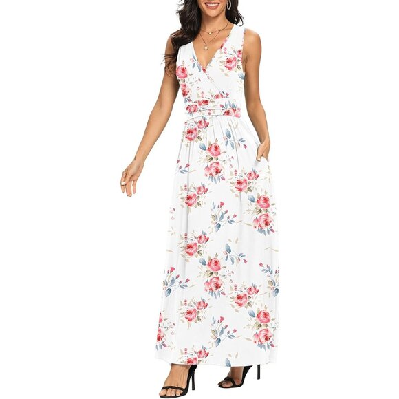 Women Flower White Deep V Neck Sleeveless Loose Plain Long Maxi Stretchy Dress - Picture 3 of 5